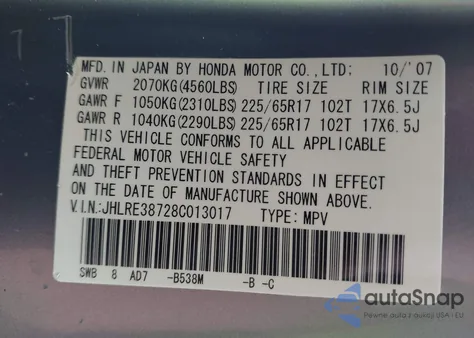 2008 Honda Cr-V Ex-L from USA, damaged, VIN JHLRE38728C013017